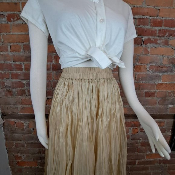 Vintage Skirt Metallic Gold Chiffon Pleated Maxi Size M - Picture 2 of 7